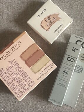 IT CC cream, revolution contour palette & highlighter